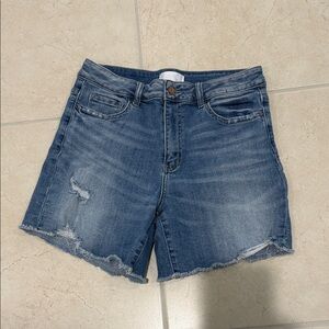 High-Rise Distressed Blue Denim Shorts